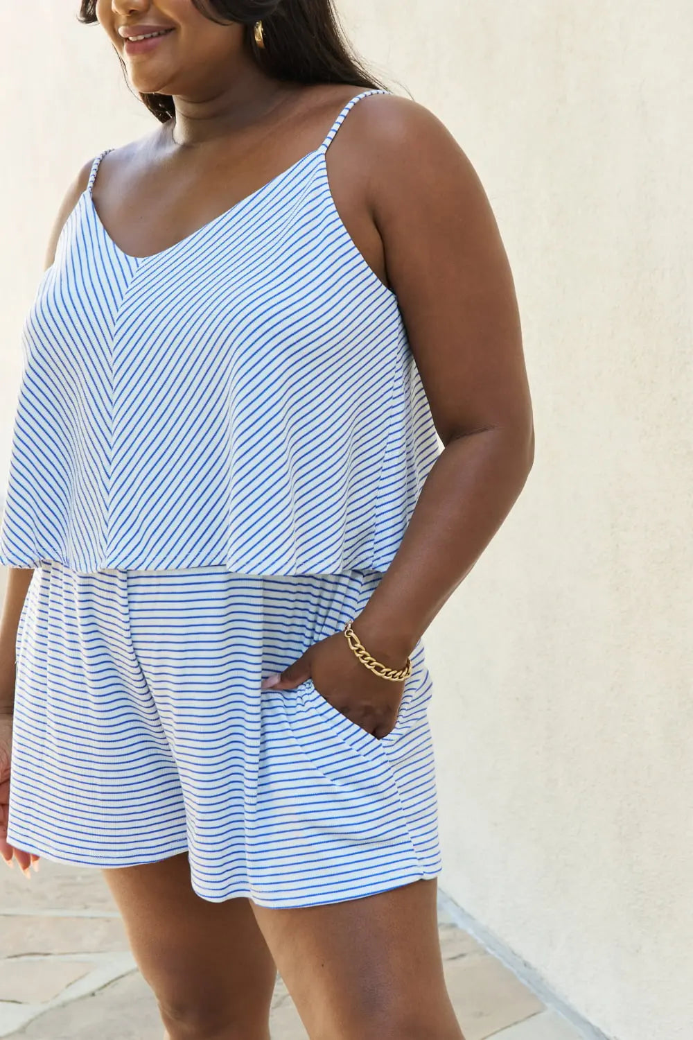  Let It Happen  Double Flare Striped Romper in Cobalt Blue Bazaarbey