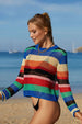 Rainbow Stripe Openwork Long Sleeve Cover-Up Trendsi