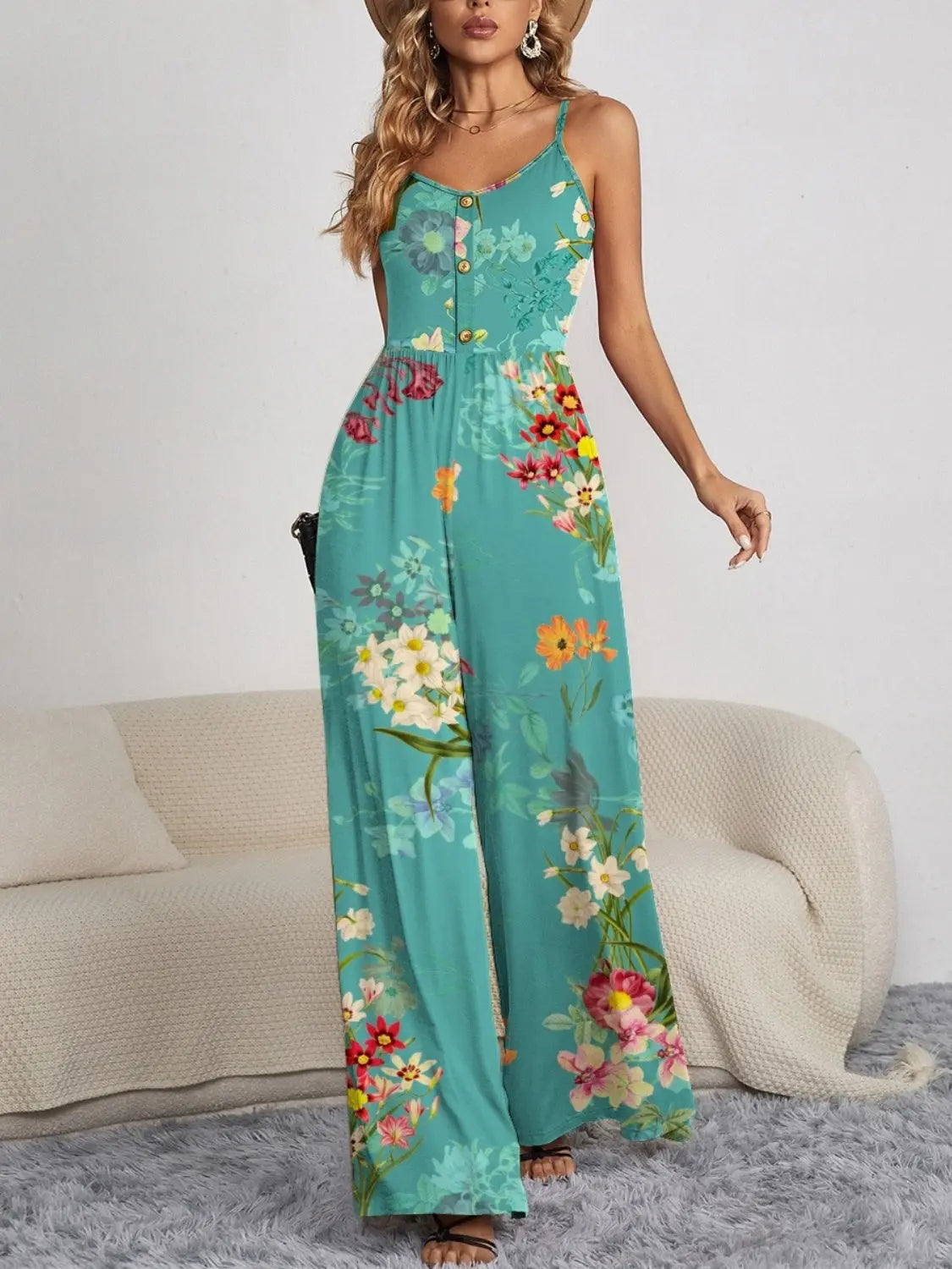 Decorative Button Spaghetti Strap Wide Leg Jumpsuit Trendsi