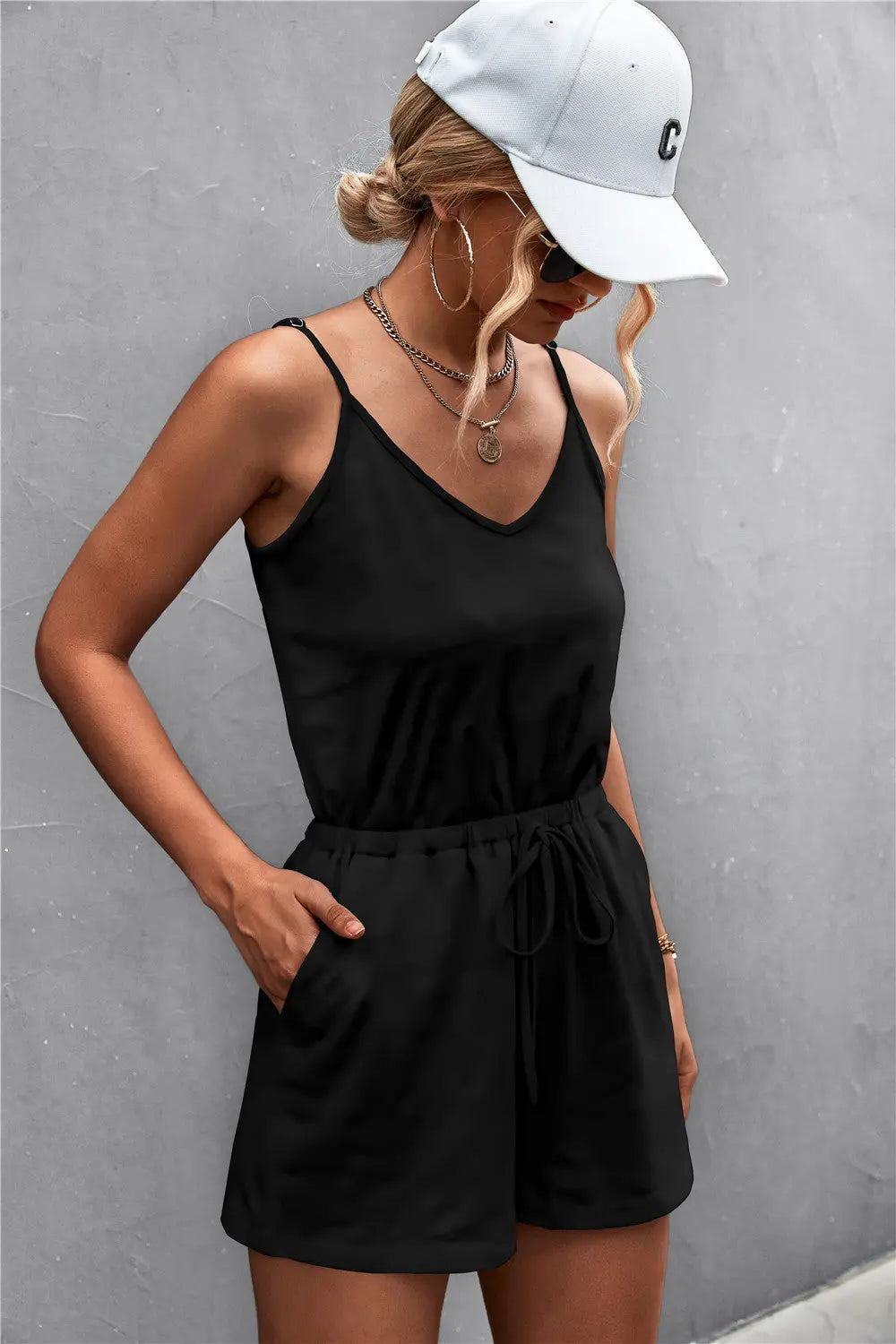 Spaghetti Strap V-Neck Pocket Romper Trendsi
