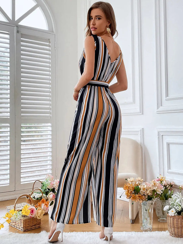 Striped Surplice Neck Sleeveless Wide Leg Jumpsuit Trendsi