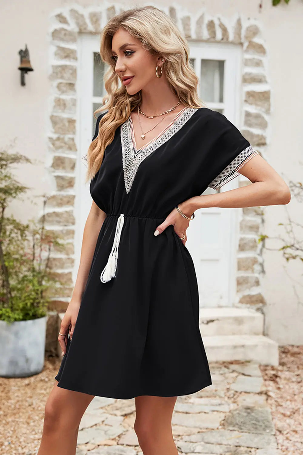 Tassel V-Neck Short Sleeve Dress -BazaarBey - www.shopbazaarbey.com