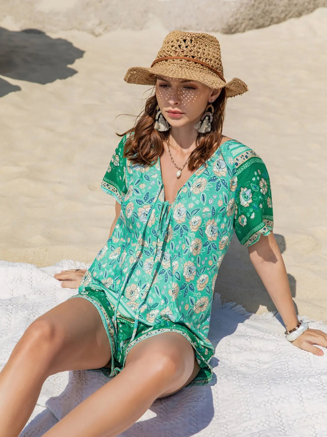 Tied Printed Short Sleeve Romper Trendsi