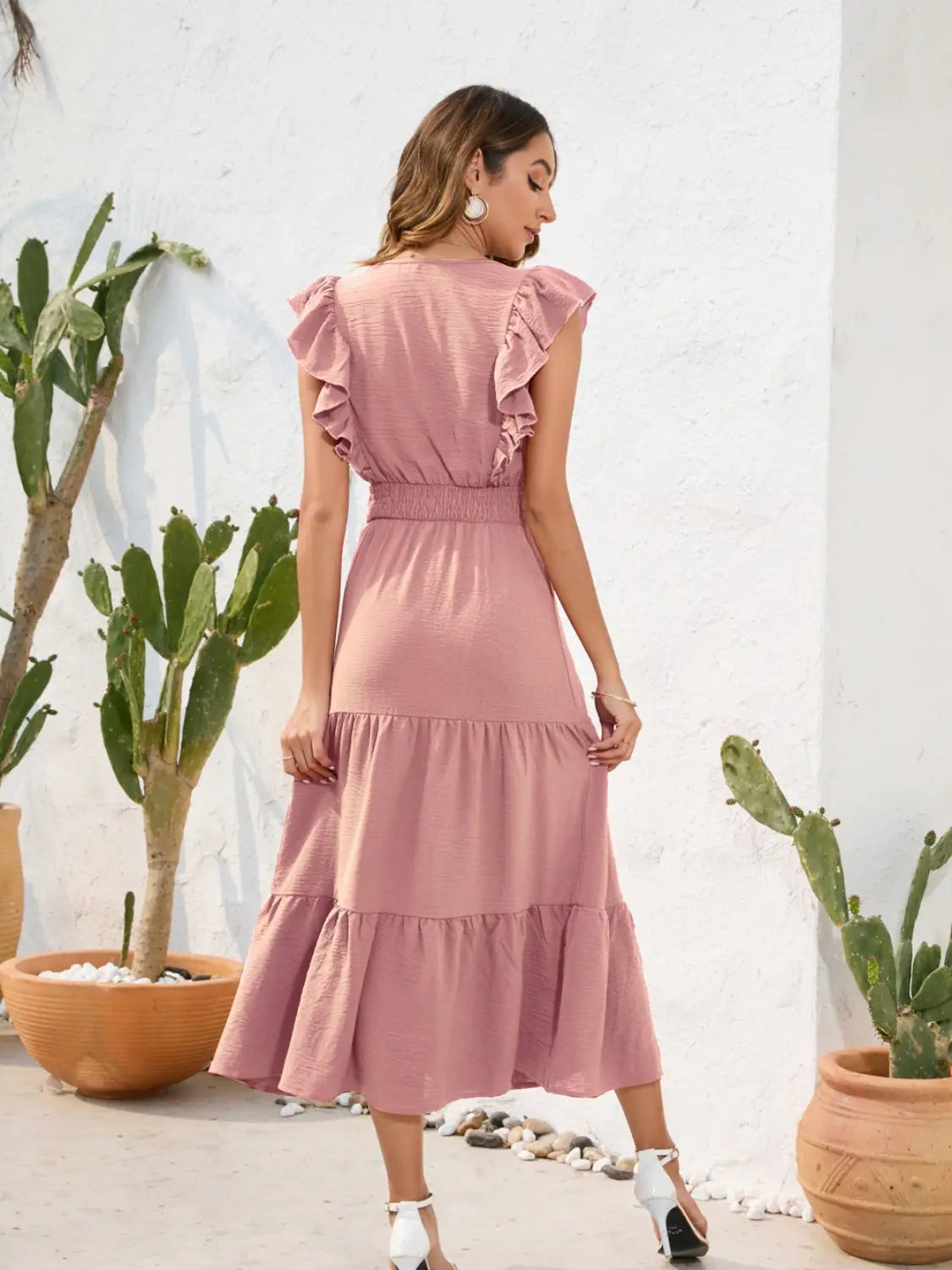 Tiered Ruffled V-Neck Cap Sleeve Dress -BazaarBey - www.shopbazaarbey.com