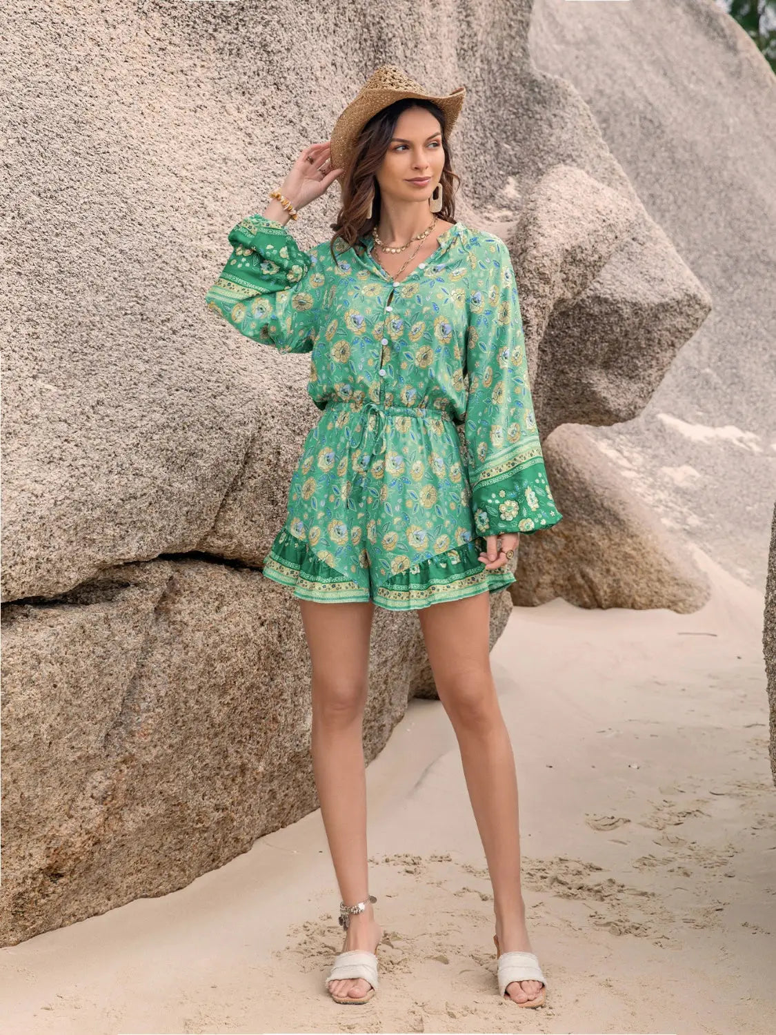 Printed Ruffled Balloon Sleeve Romper Trendsi