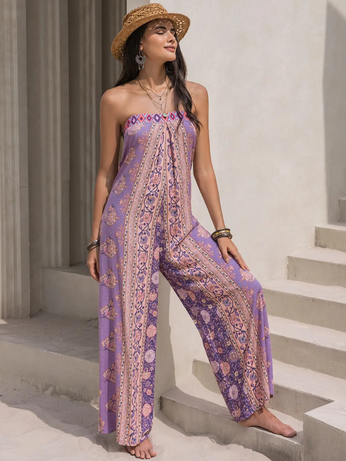 Tied Printed Tube Wide Leg Jumpsuit Trendsi