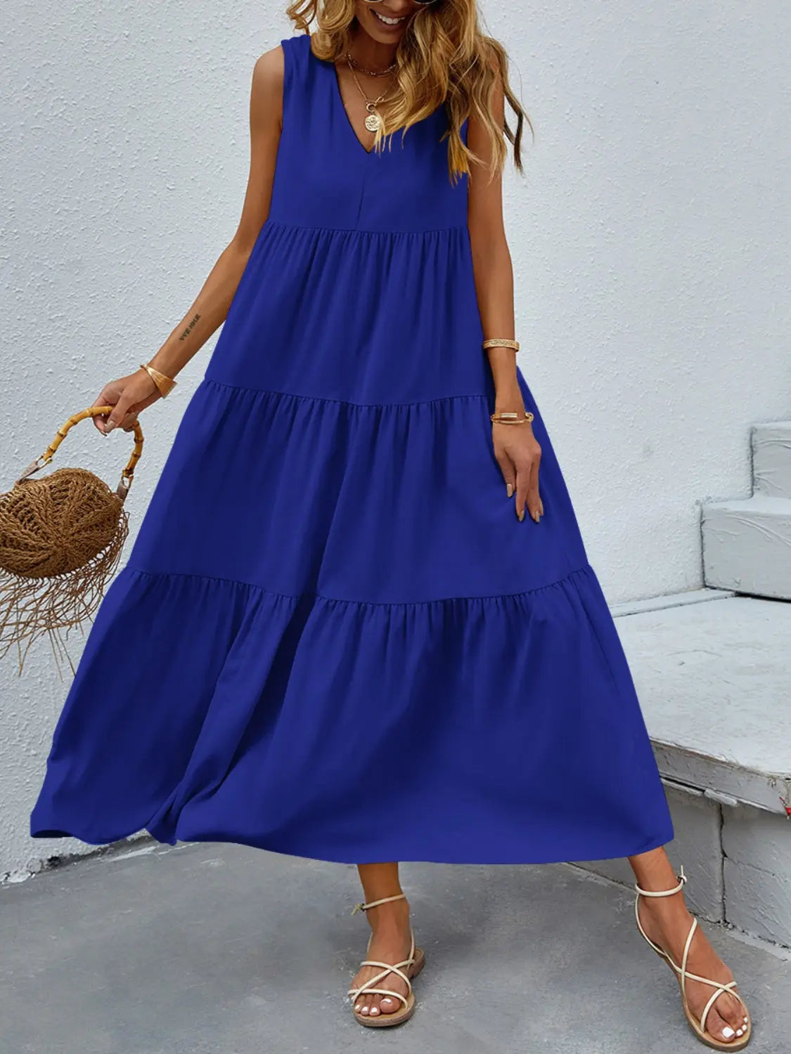 Tiered V-Neck Sleeve Dress -BazaarBey - www.shopbazaarbey.com