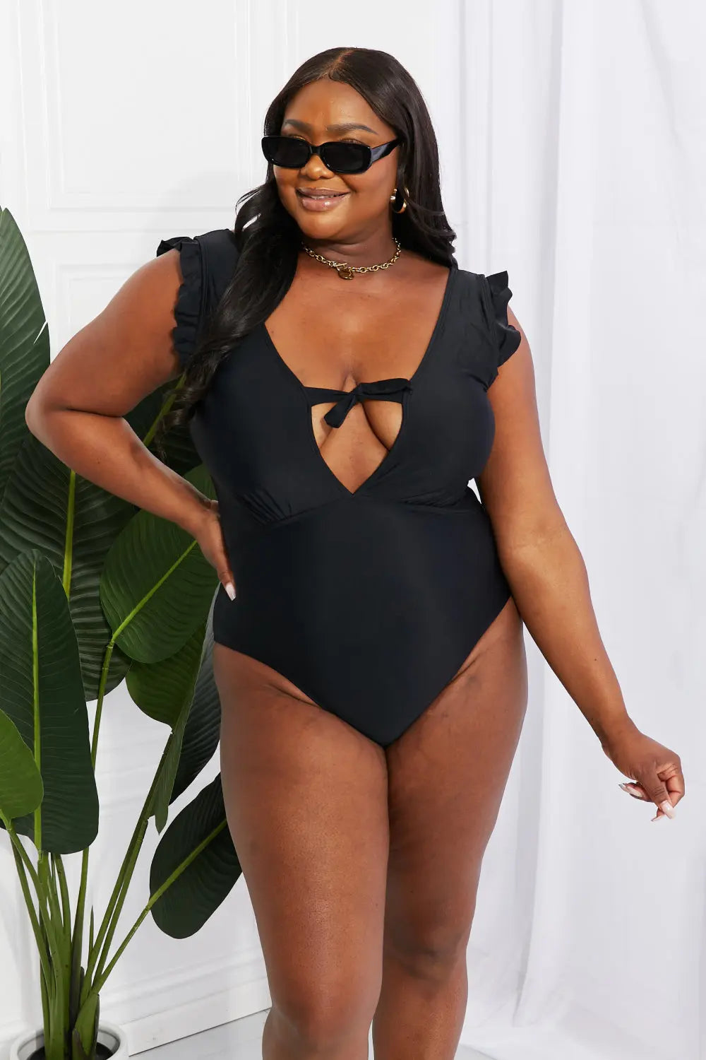  Swim Seashell Ruffle Sleeve One-Piece in Black Trendsi