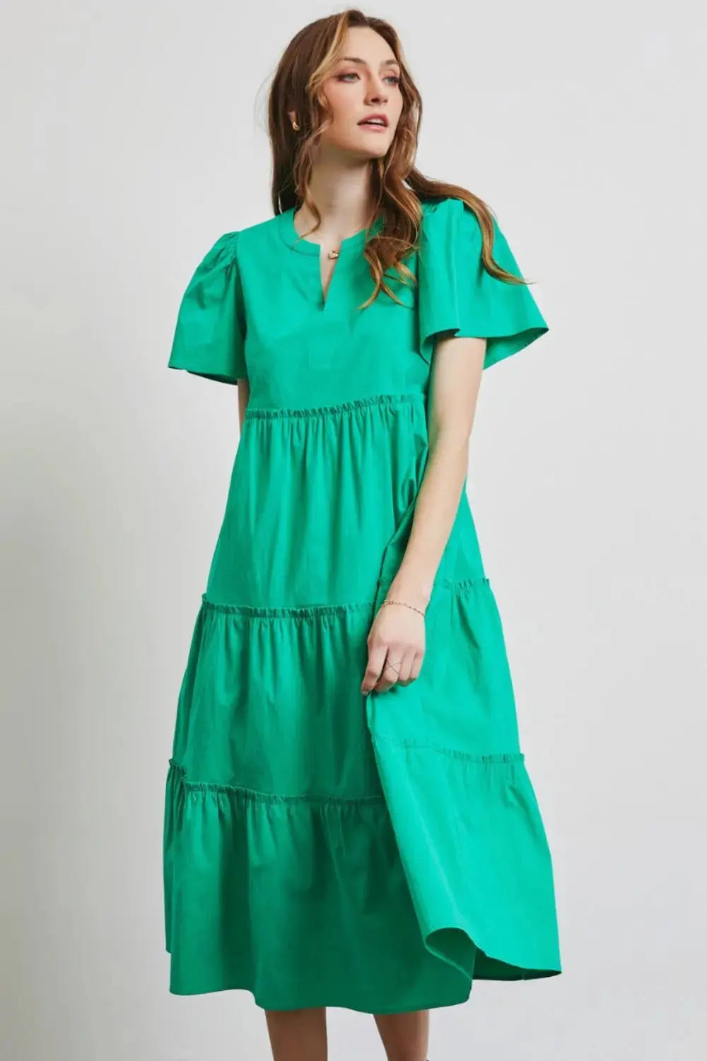  Full Size Cotton Poplin Ruffled Tiered Midi Dress -BazaarBey - www.shopbazaarbey.com