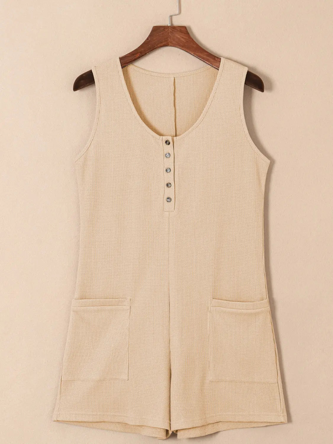 Waffle-Knit Half Button Sleeveless Romper with Pockets Trendsi