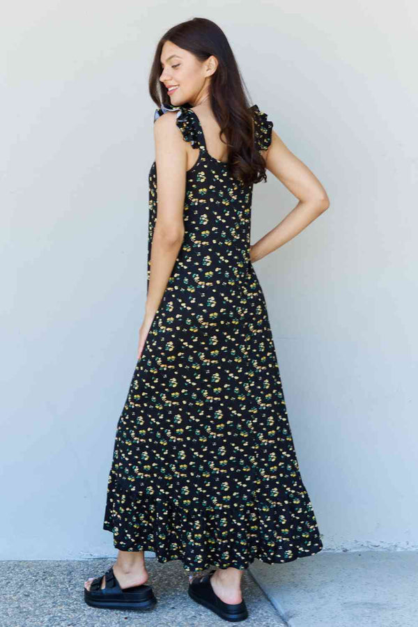  In The Garden Ruffle Floral Maxi Dress in  Black Yellow Floral -BazaarBey - www.shopbazaarbey.com