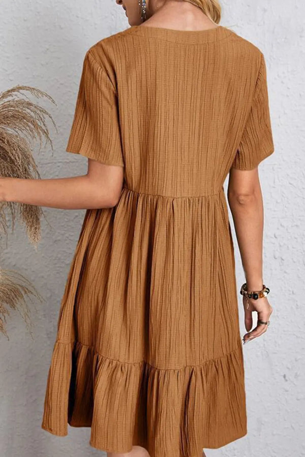 Full Size Ruched V-Neck Short Sleeve Dress -BazaarBey - www.shopbazaarbey.com