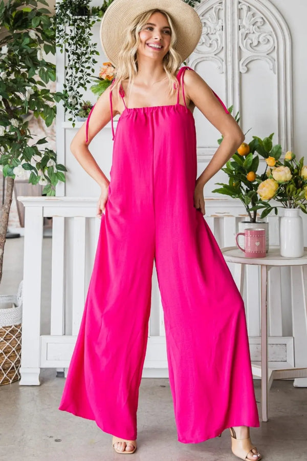 BazaarBey Veveret Pocketed Spaghetti Strap Wide Leg Jumpsuit 