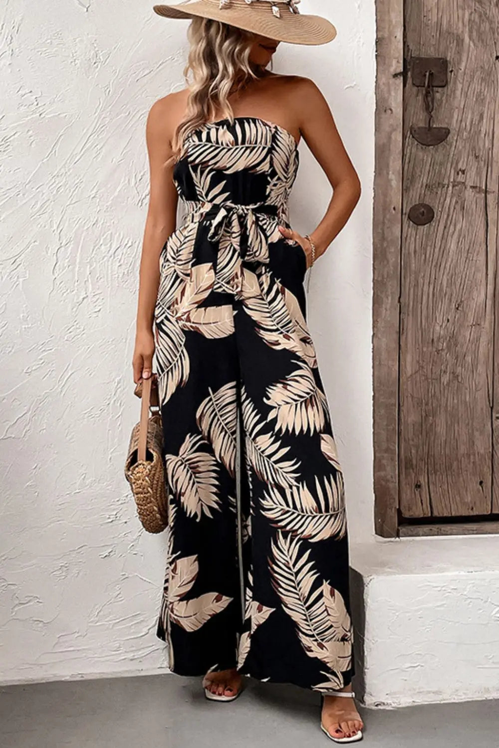 BazaarBey Printed Strapless Wide Leg Jumpsuit with Pockets 