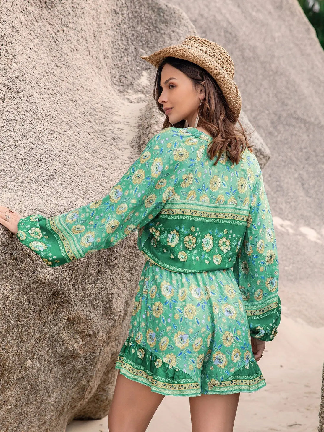 Printed Ruffled Balloon Sleeve Romper Trendsi
