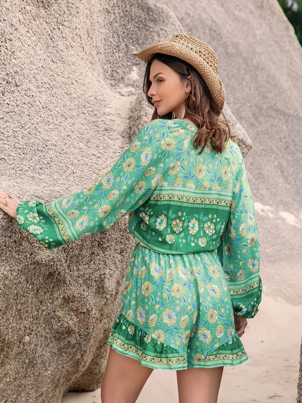 Printed Ruffled Balloon Sleeve Romper Trendsi