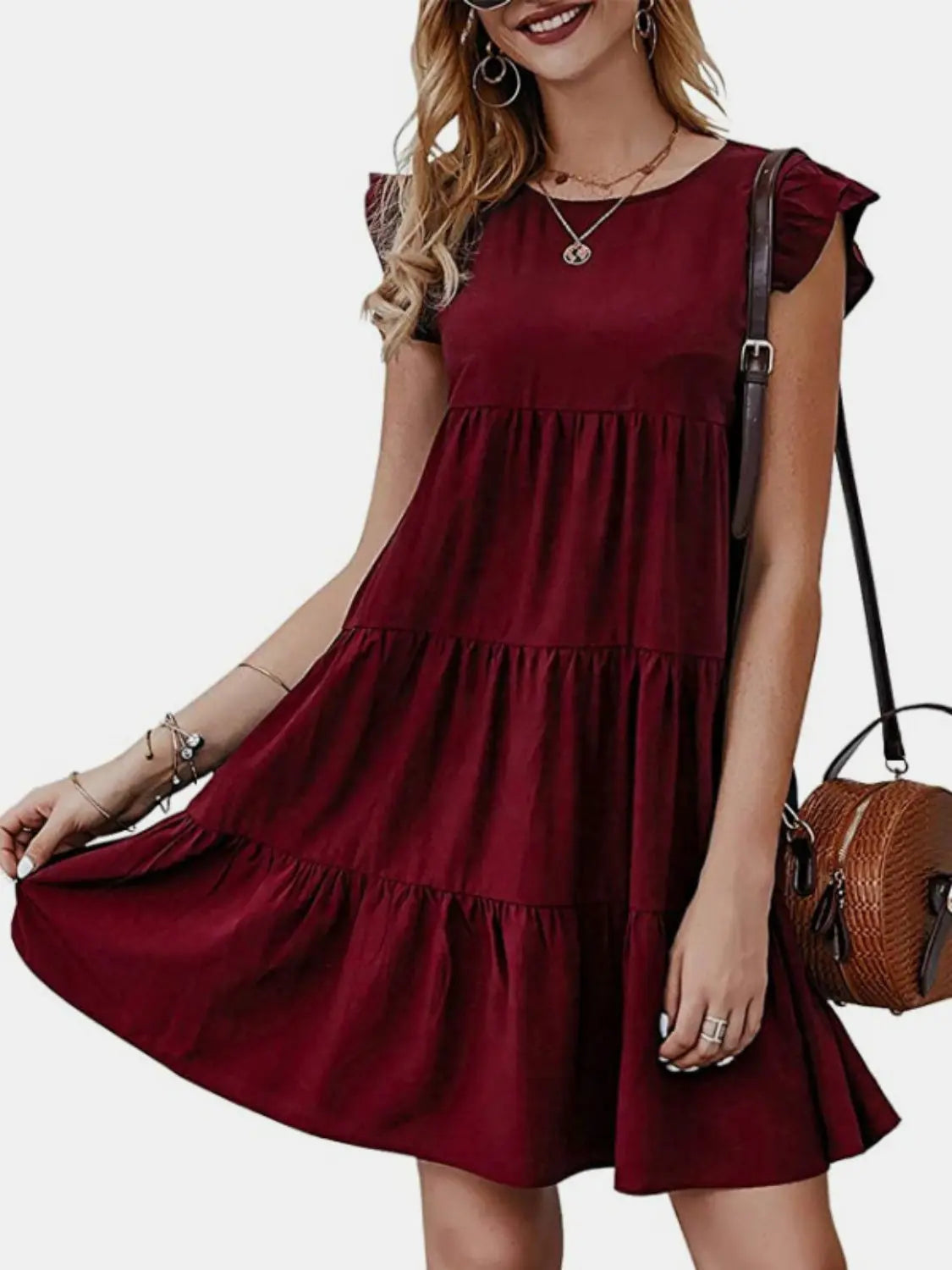 Ruffled Round Neck Cap Sleeve Mini Dress -BazaarBey - www.shopbazaarbey.com