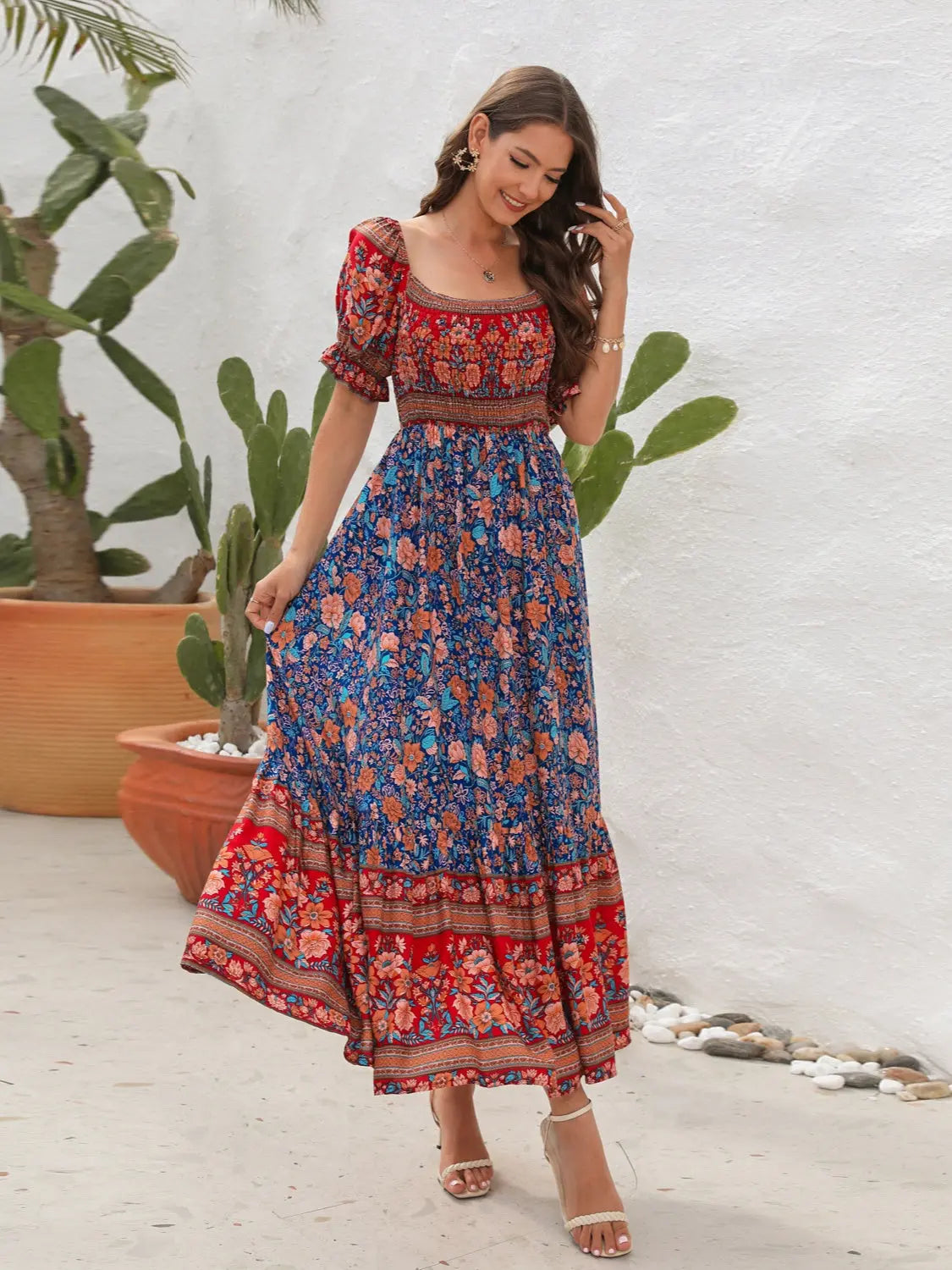 Floral Flounce Sleeve Midi Dress -BazaarBey - www.shopbazaarbey.com