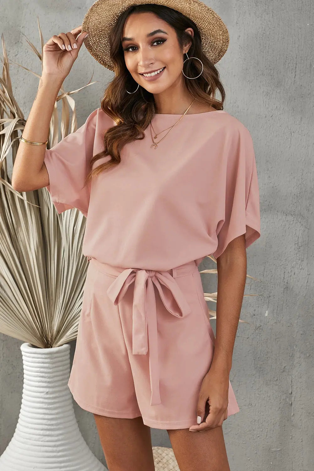 Tie Belt Short Sleeve Romper Trendsi