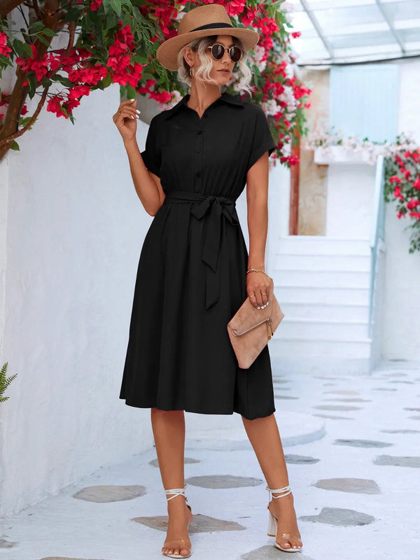 Buttoned Tie Waist Short Sleeve Dress -BazaarBey - www.shopbazaarbey.com