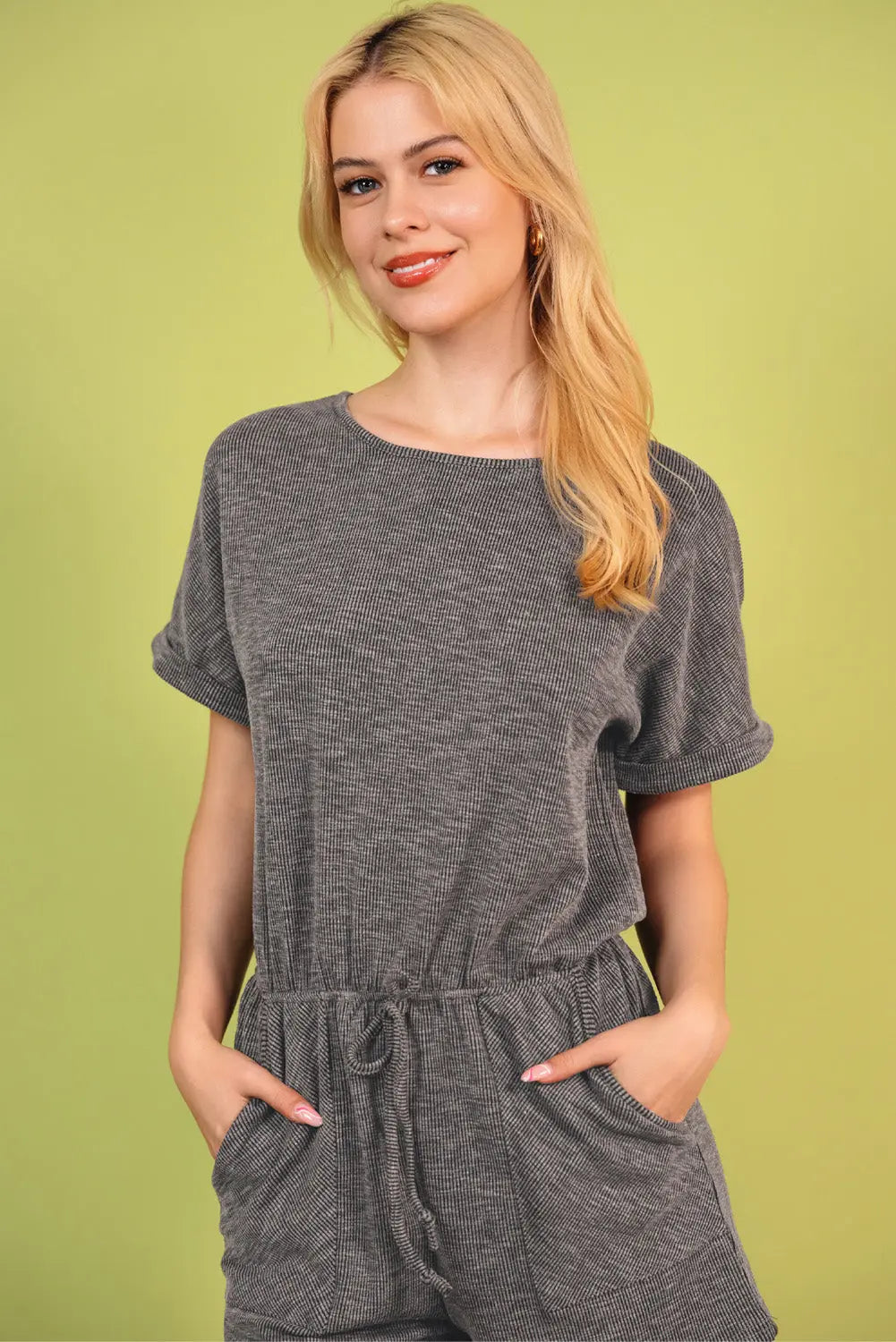 Round Neck Short Sleeve Romper with Pockets Trendsi
