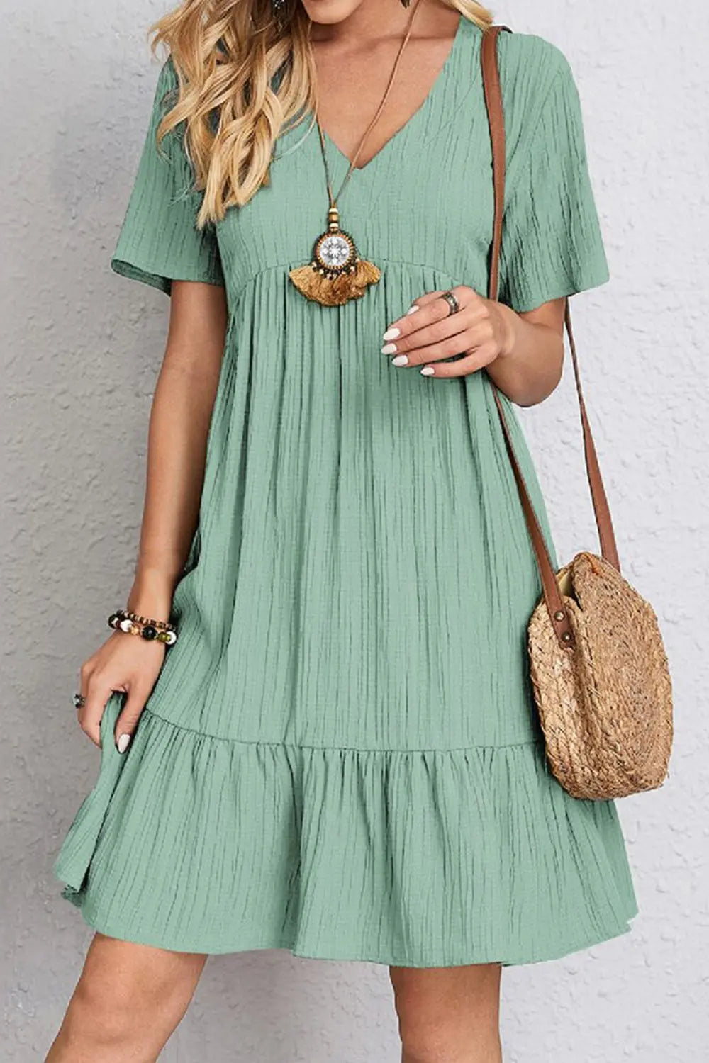 Full Size Ruched V-Neck Short Sleeve Dress -BazaarBey - www.shopbazaarbey.com