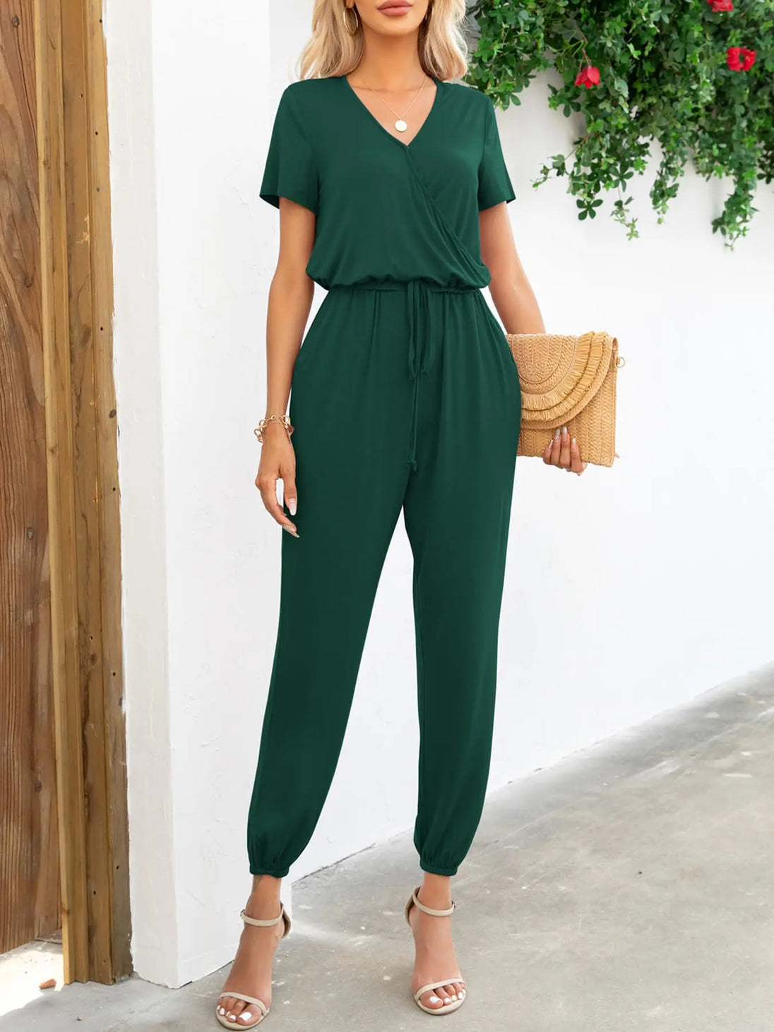 Short Sleeve V-Neck Jumpsuit with Pockets Trendsi