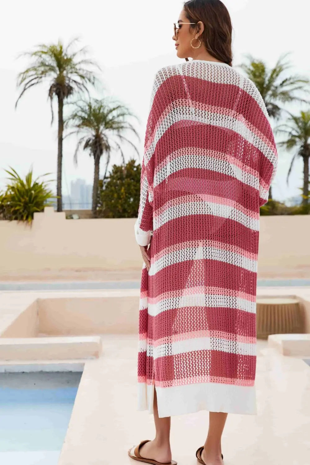 Striped Open Front Side Slit Duster Cover Up Trendsi