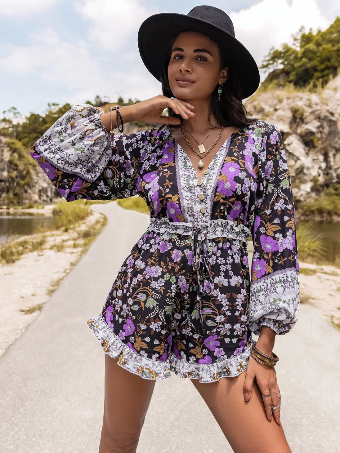 Printed  Half Button Balloon Sleeve Romper Trendsi