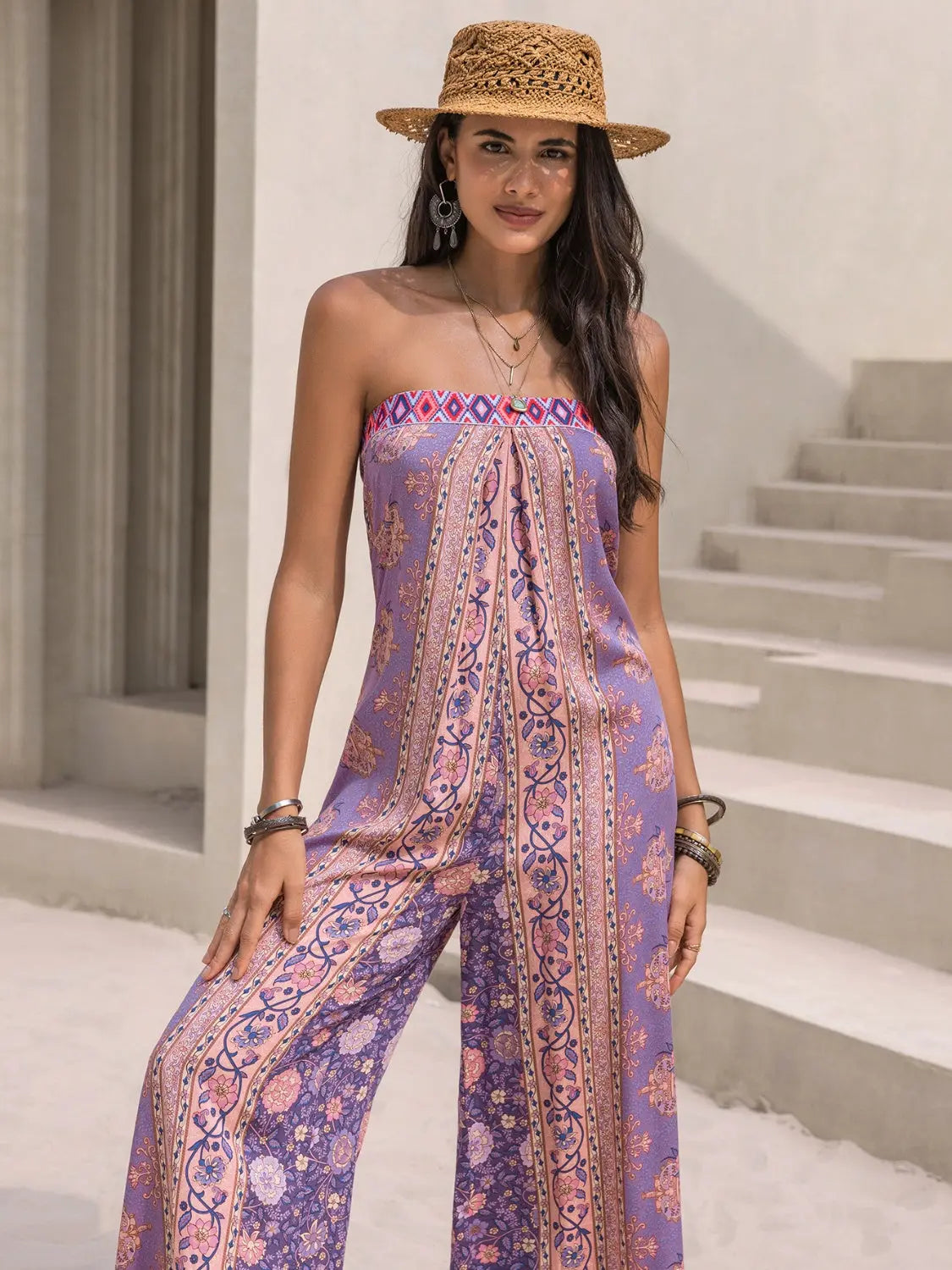 Tied Printed Tube Wide Leg Jumpsuit Trendsi