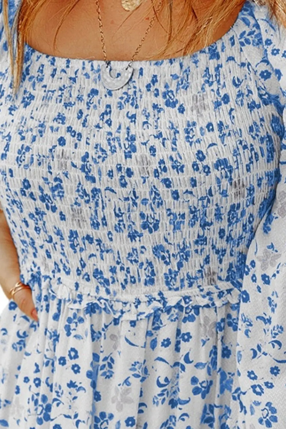Smocked Floral Square Neck Balloon Sleeve Dress -BazaarBey - www.shopbazaarbey.com
