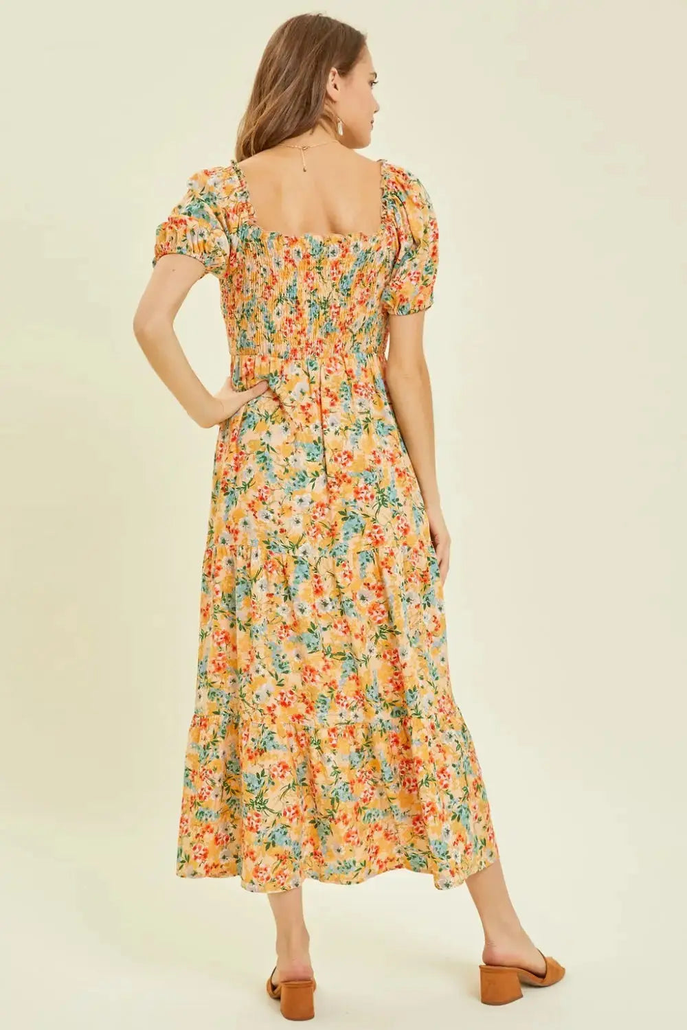  Full Size Floral Smocked Tiered Midi Dress -BazaarBey - www.shopbazaarbey.com
