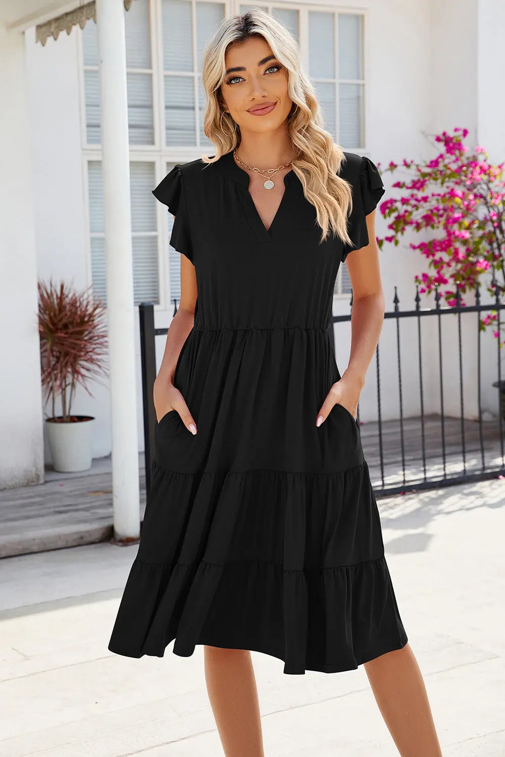 Ruched Notched Cap Sleeve Dress -BazaarBey - www.shopbazaarbey.com