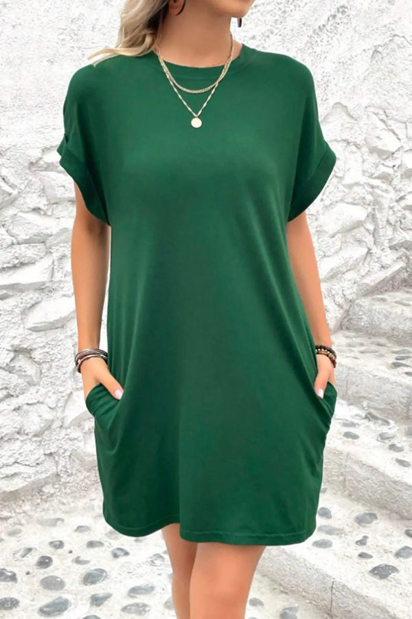 Pocketed Round Neck Short Sleeve Dress -BazaarBey - www.shopbazaarbey.com