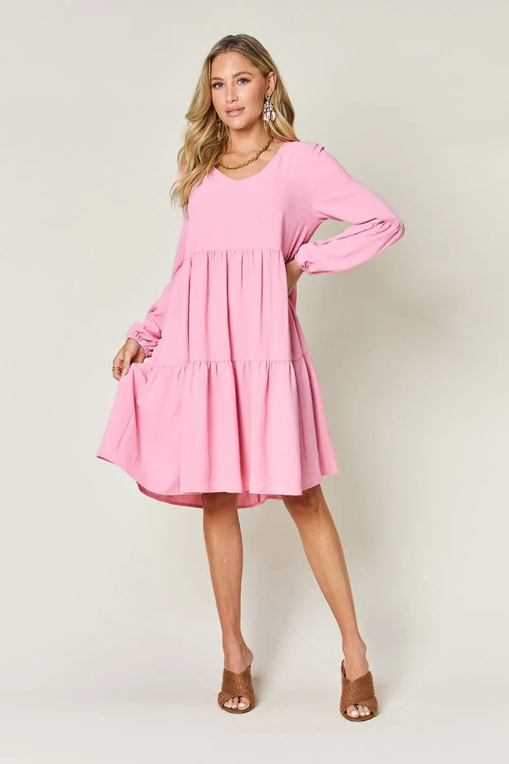  Full Size V-Neck Balloon Sleeve Tiered Dress -BazaarBey - www.shopbazaarbey.com