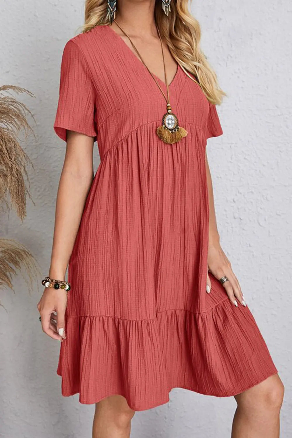 Full Size Ruched V-Neck Short Sleeve Dress -BazaarBey - www.shopbazaarbey.com