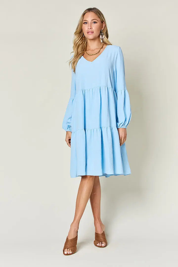  Full Size V-Neck Balloon Sleeve Tiered Dress -BazaarBey - www.shopbazaarbey.com