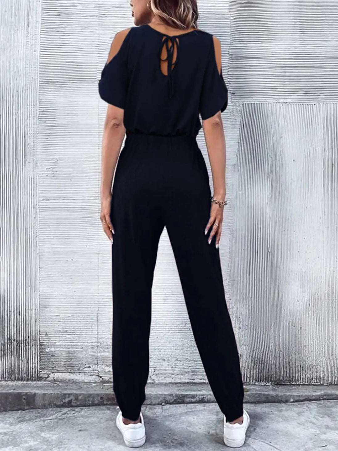 V-Neck Cold-Shoulder Jumpsuit with Pockets Trendsi