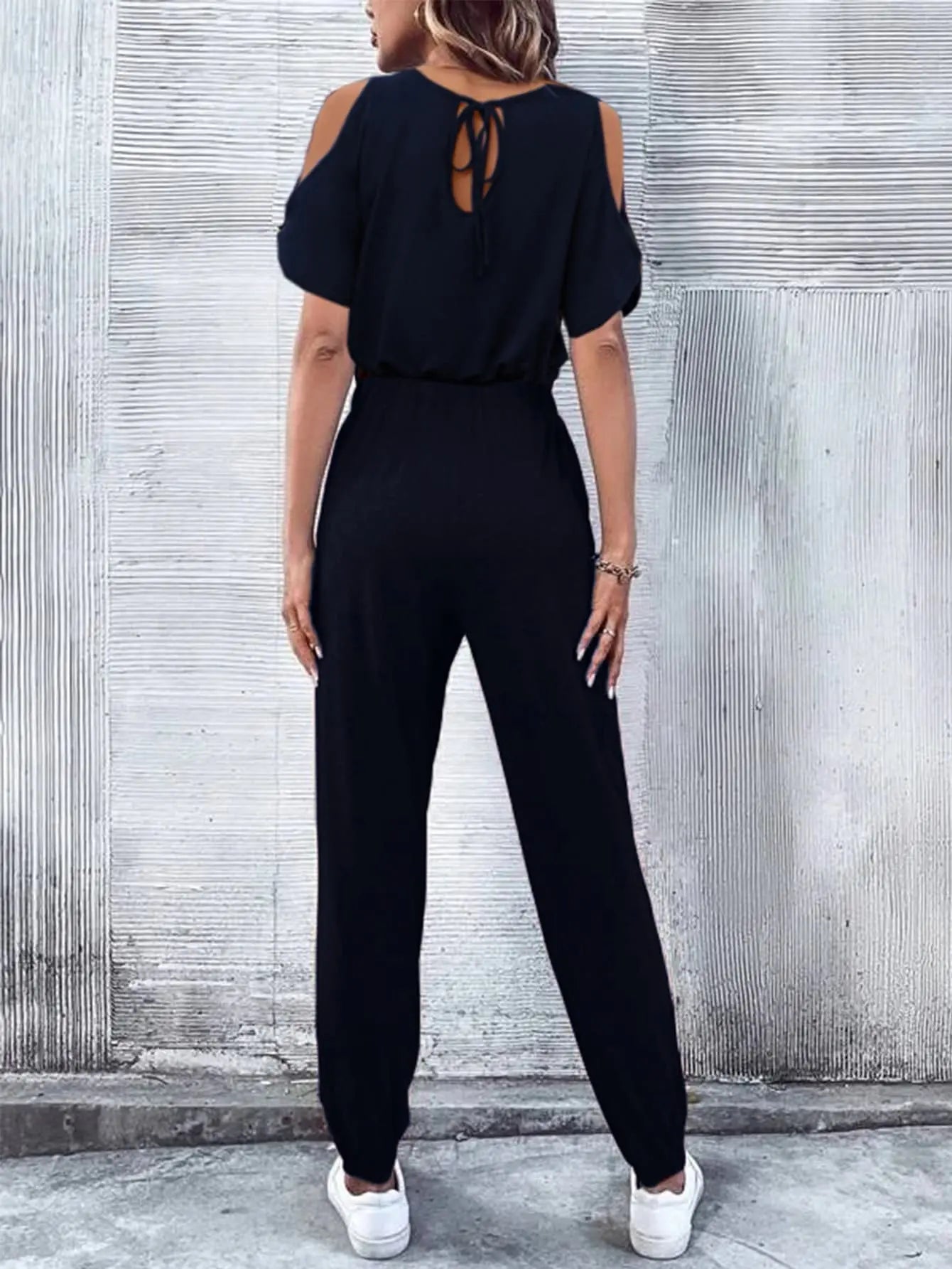V-Neck Cold-Shoulder Jumpsuit with Pockets Trendsi