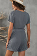 V-Neck Short Sleeve Tie Belt Romper with Pockets Trendsi