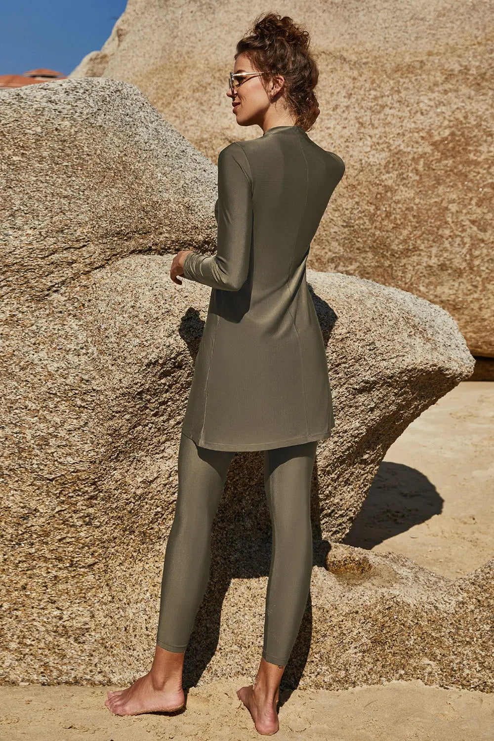 Slit Mock Neck Long Sleeve Top and Pants Swim Set Trendsi