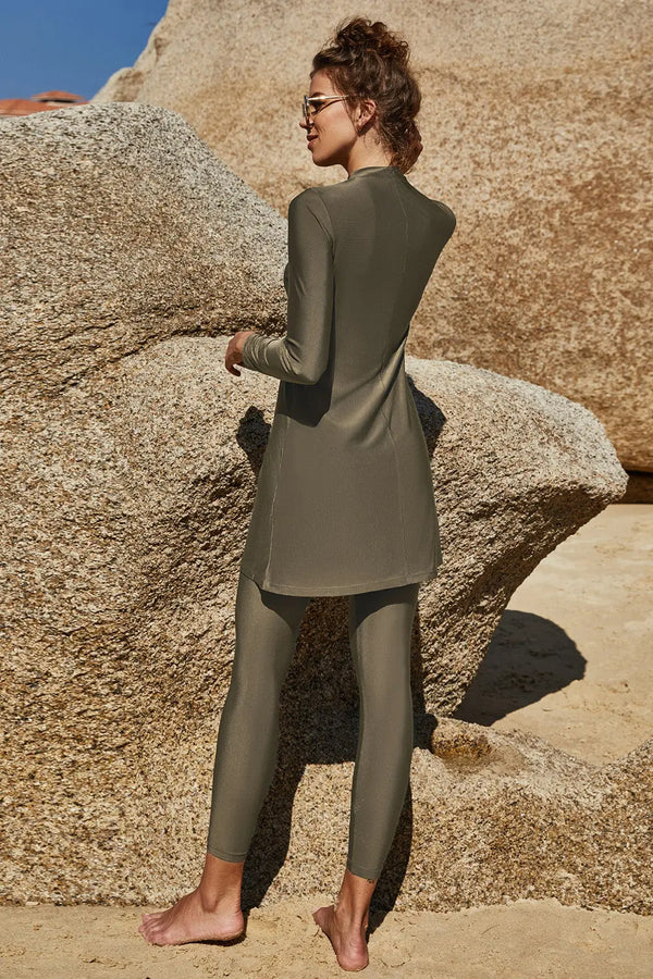 Slit Mock Neck Long Sleeve Top and Pants Swim Set Trendsi
