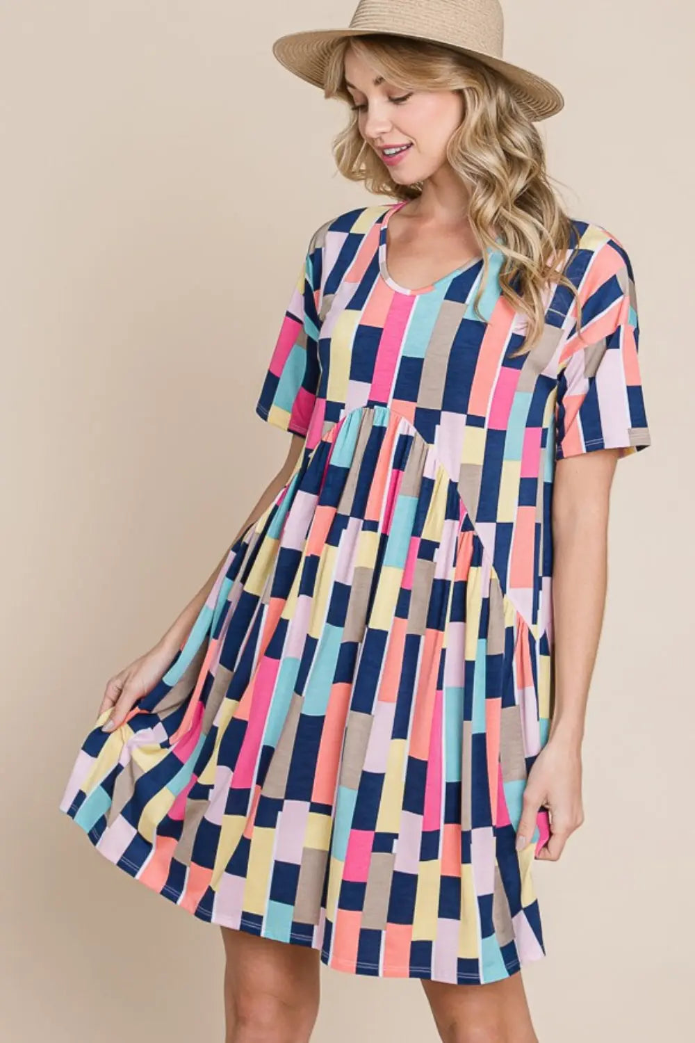  Ruched Color Block Short Sleeve Mini Dress -BazaarBey - www.shopbazaarbey.com