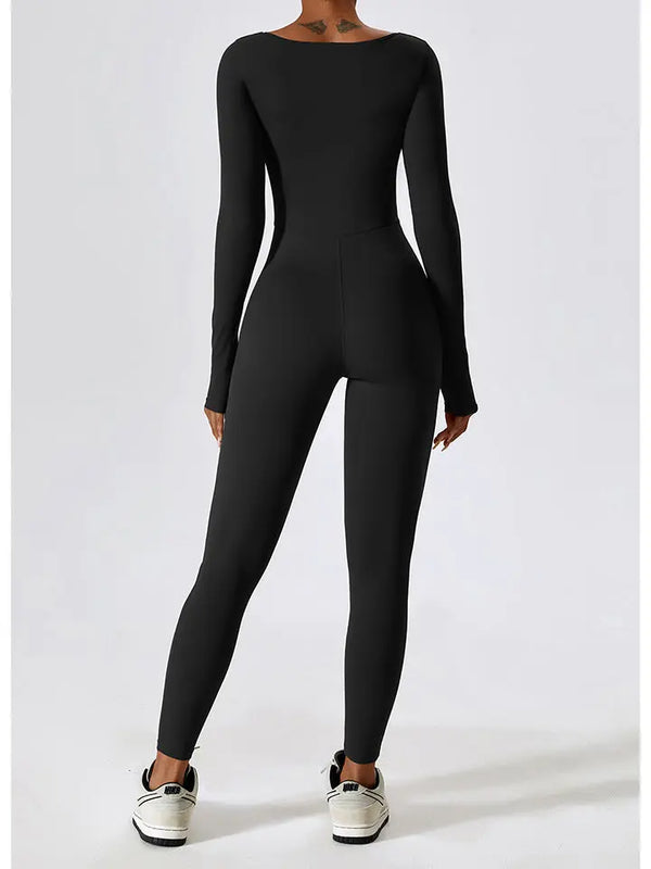 Square Neck Long Sleeve Sports Jumpsuit Trendsi