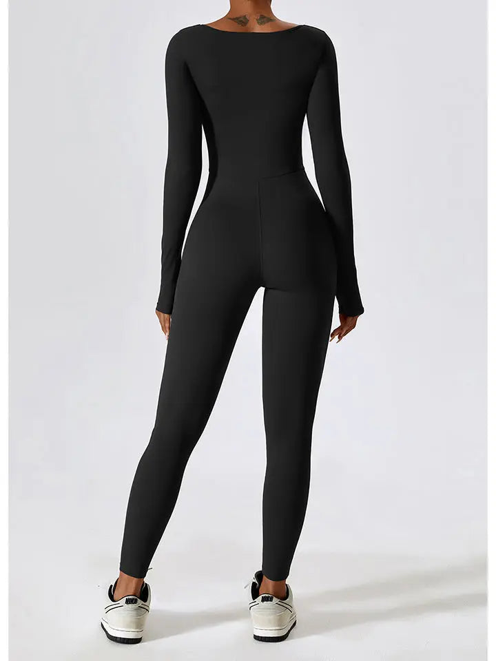 Square Neck Long Sleeve Sports Jumpsuit Trendsi