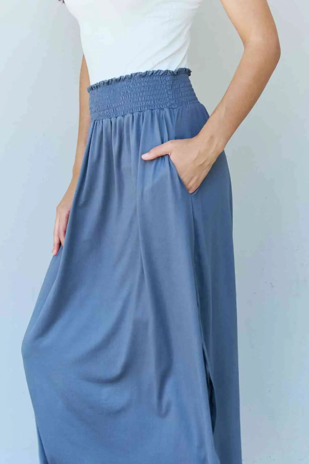  Comfort Princess Full Size High Waist Scoop Hem Maxi Skirt in Dusty Blue 