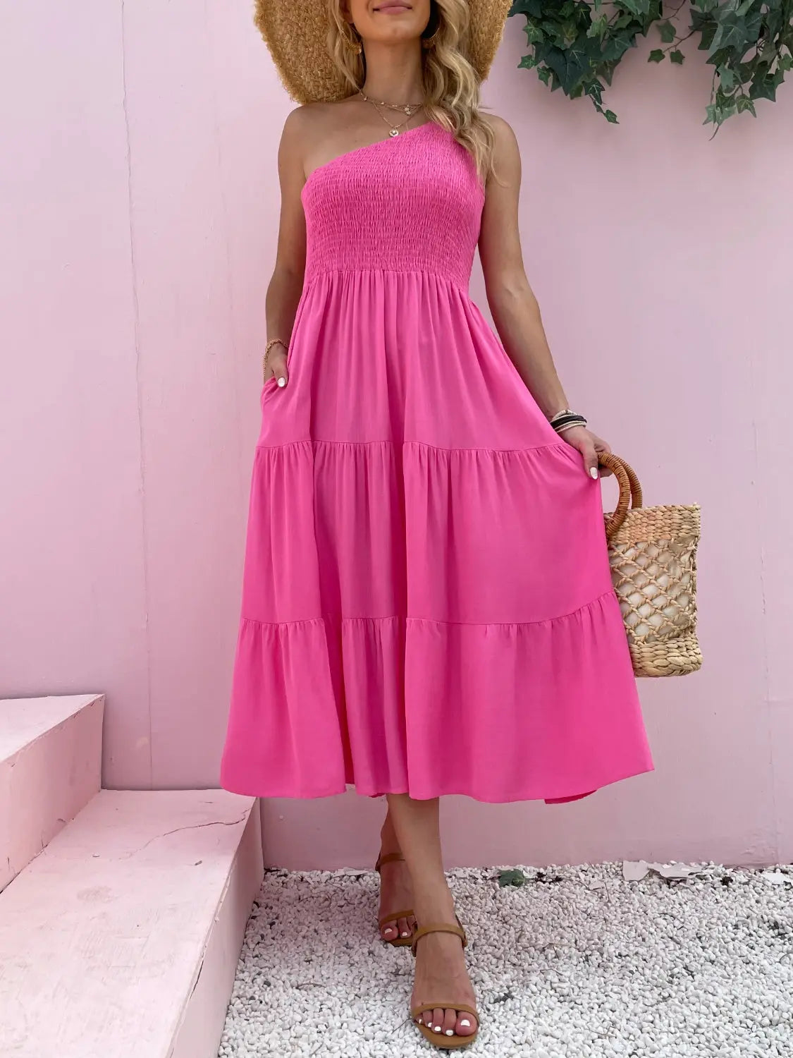 Smocked Single Shoulder Sleeveless Dress -BazaarBey - www.shopbazaarbey.com