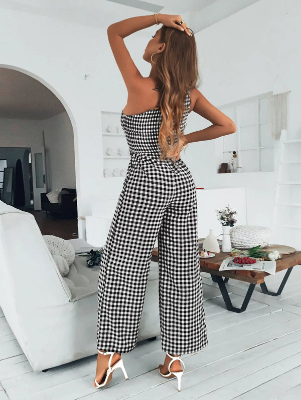 Plaid One-Shoulder Wide Leg Jumpsuit with Pockets Trendsi