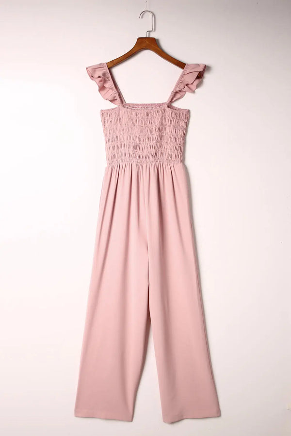Ruffle Shoulder Smocked Pocket Jumpsuit Trendsi