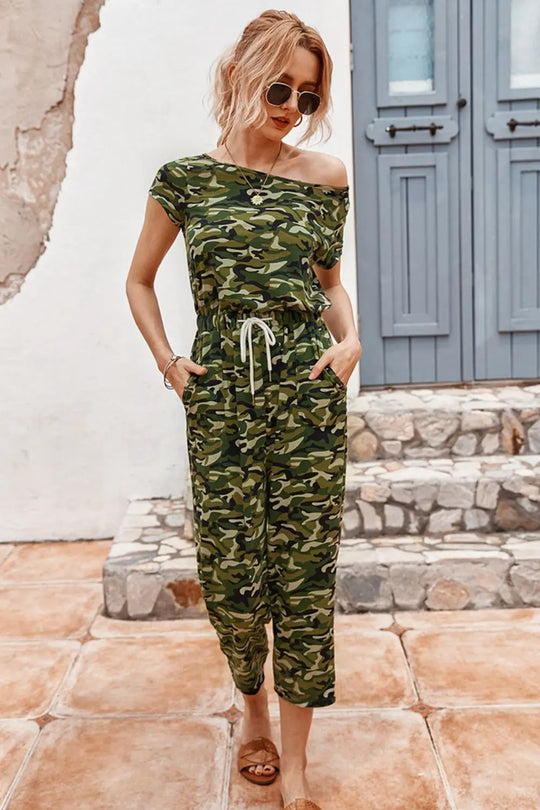BazaarBey Camouflage Drawstring Crop Leg Jumpsuit 